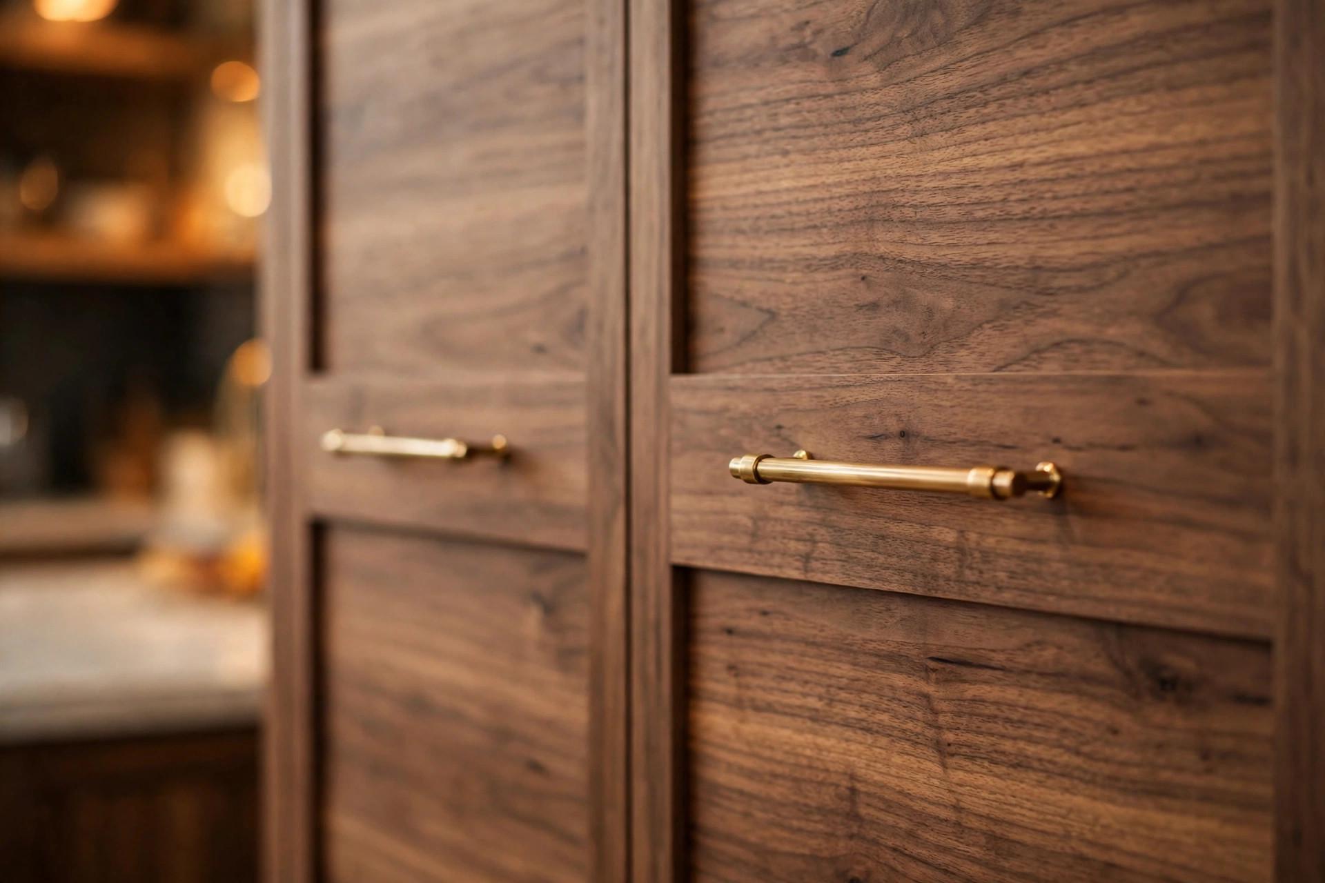 Close-up of walnut flat-panel cabinet doors with slim brass pulls