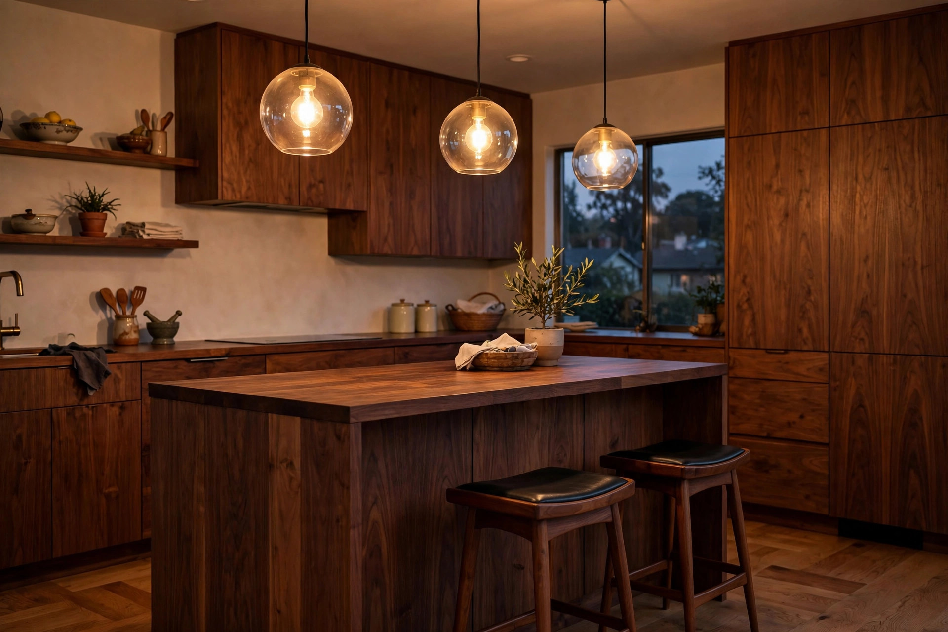 Globe pendant lights glowing over a walnut island in a mid century modern kitchen
