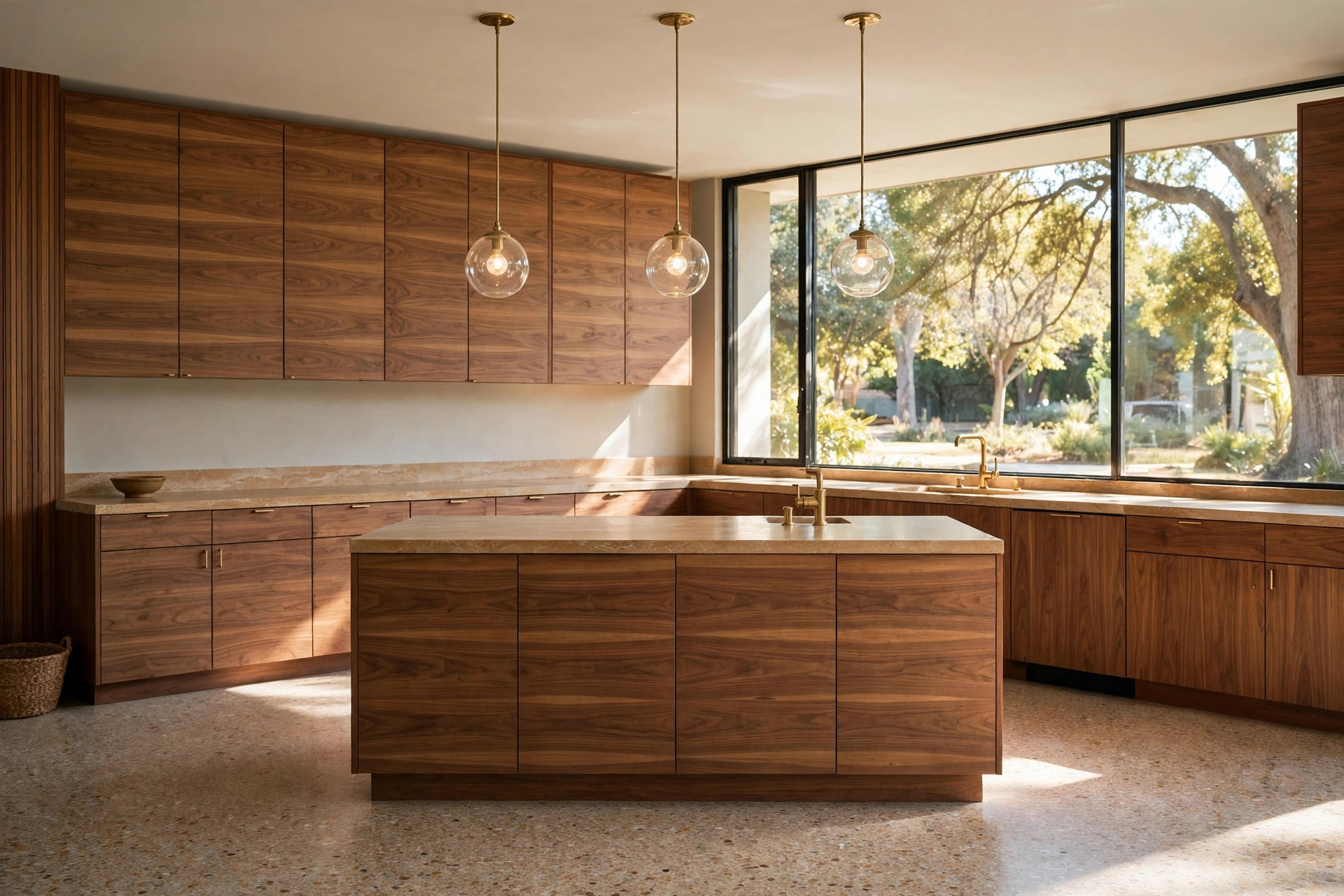 Mid century modern kitchen with walnut flat-panel cabinets and globe pendant lighting