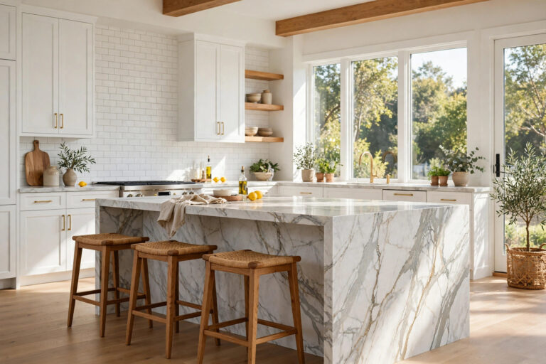 Bright modern kitchen with marble-look quartz waterfall island and white cabinets