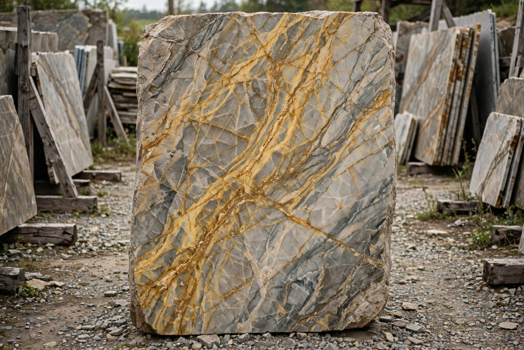 Natural quartzite slab with dramatic gray and gold veining in a stone yard