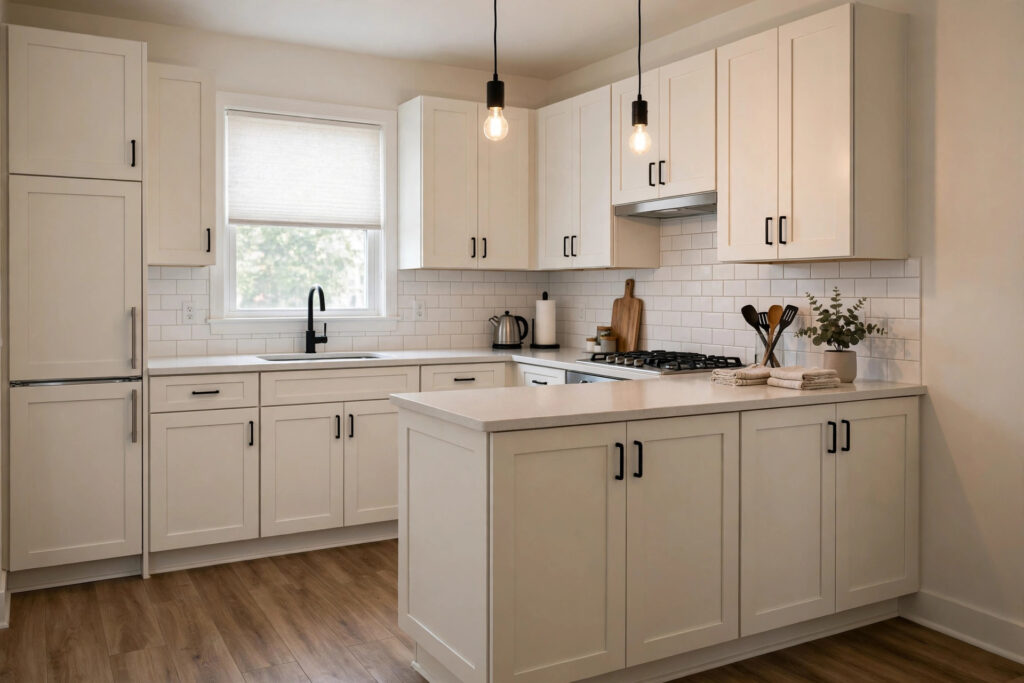 Rental kitchen with refaced warm-white shaker cabinets and wood-look flooring