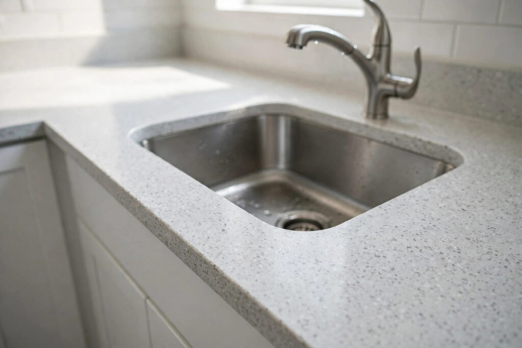 Durable light-gray quartz rental kitchen countertop with undermount sink