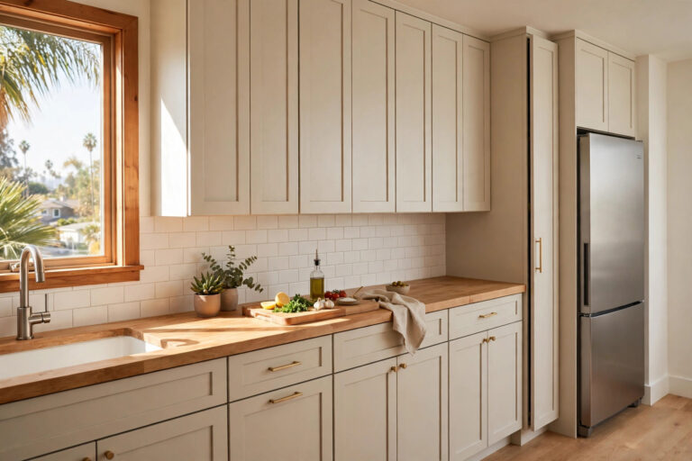 Bright compact apartment kitchen with full-height cabinets and pull-out storage in a Chula Vista home