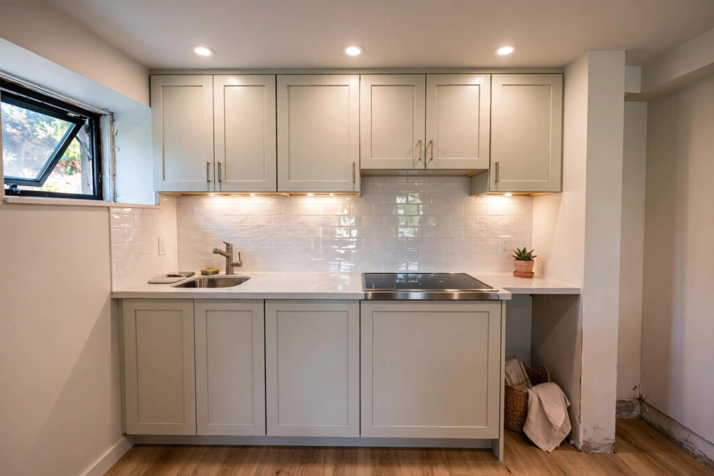 Small basement kitchenette with recessed lighting and pale finishes in a Chula Vista home