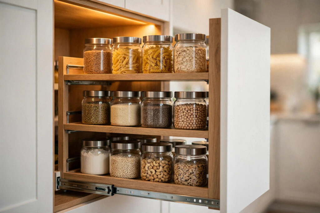 Open pull-out pantry shelves with organized dry goods in a compact kitchen
