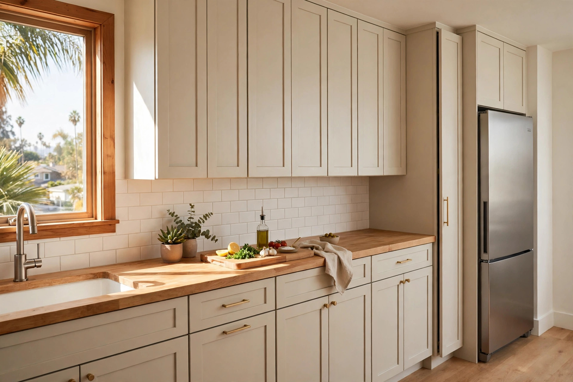 Bright compact apartment kitchen with full-height cabinets and pull-out storage in a Chula Vista home