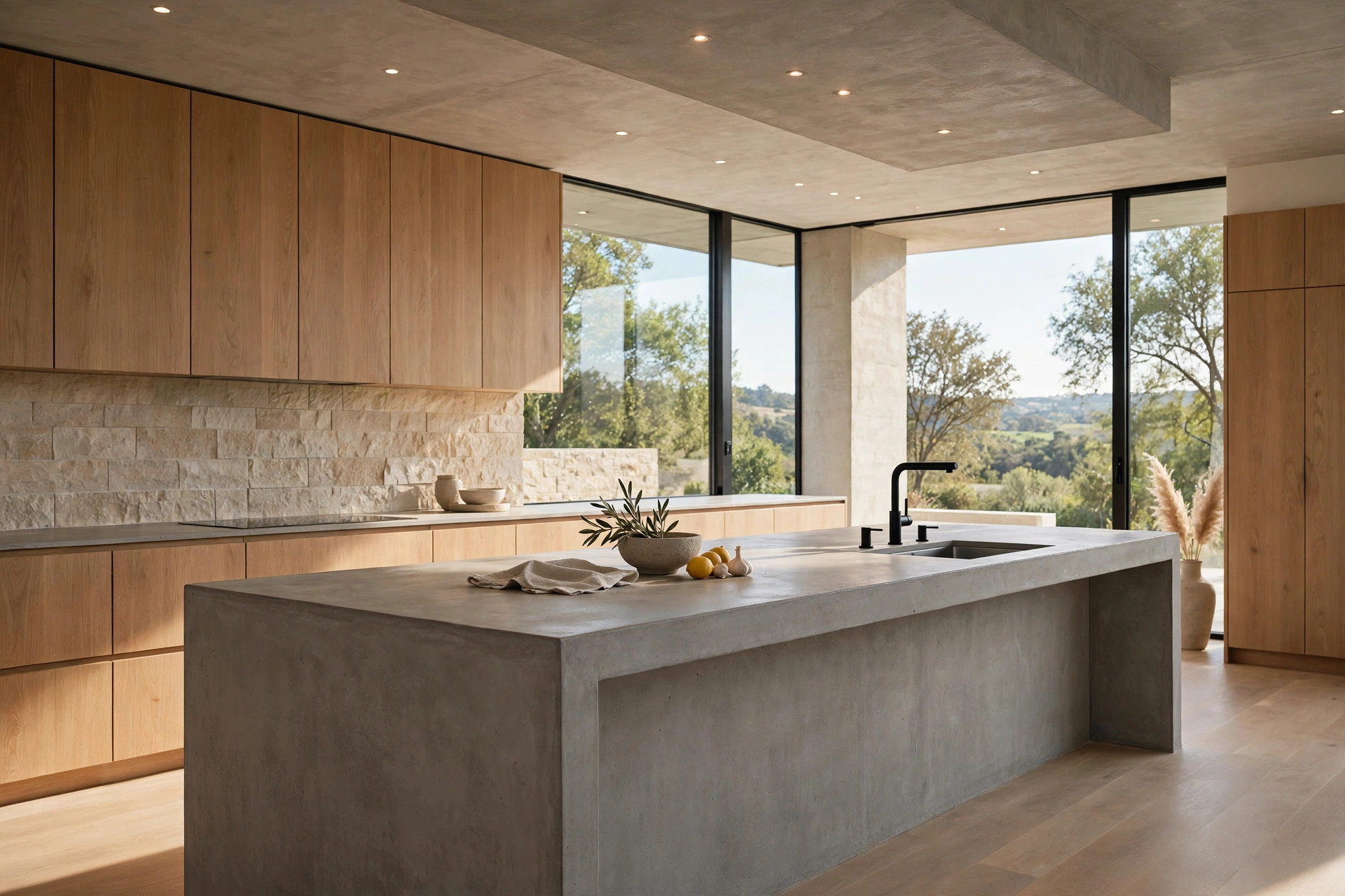 Modern Soft Brutalism kitchen with warm oak cabinets, concrete-look island, and natural stone finishes