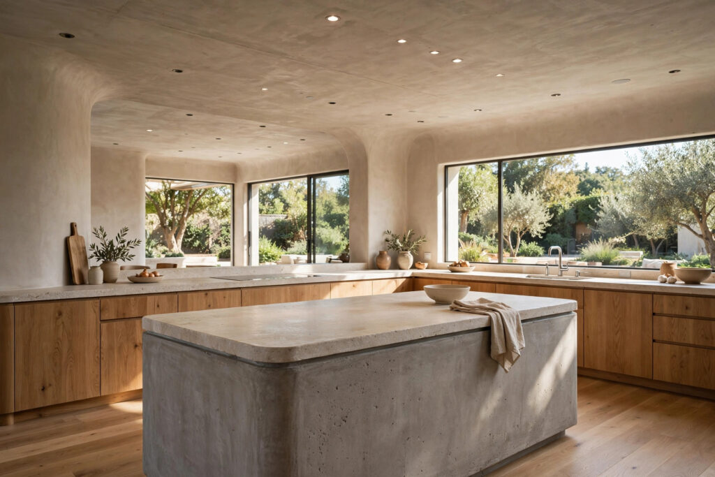 Spacious Soft Brutalism kitchen with concrete island, oak cabinets and limestone counters