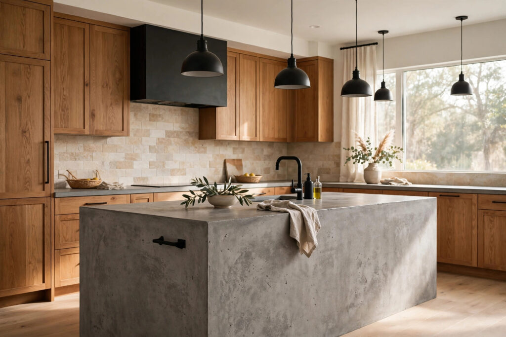Soft Brutalism kitchen with concrete-look island, oak cabinets and matte black fixtures