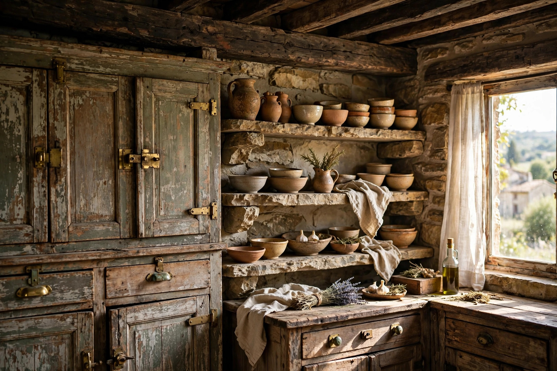 Collected vintage kitchen details: aged brass hardware, open stone shelves with pottery, and an old-wood beam