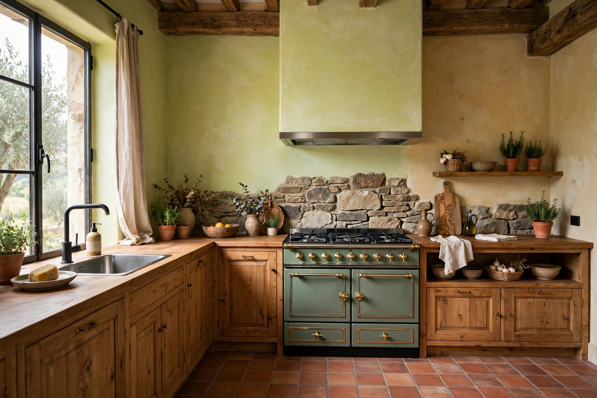 Village kitchen materials: lime-washed plaster walls, natural stone, and warm wood cabinetry with visible grain
