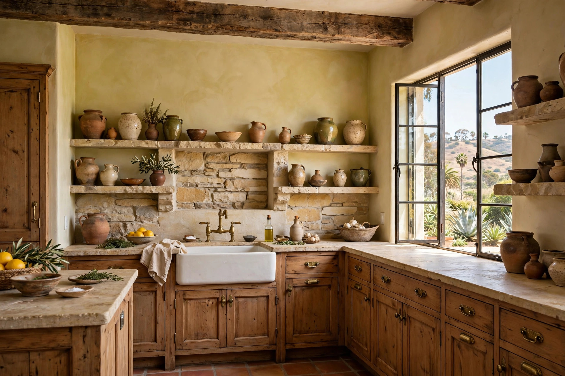 Village-style kitchen in Chula Vista with plaster walls, stone backsplash, wood beam, and aged brass hardware