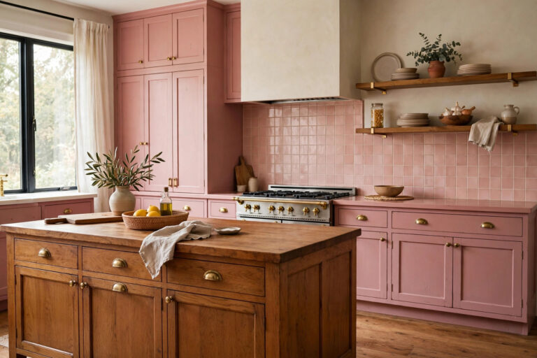 Vintage pink kitchen with dusty rose cabinets, warm wood island, and retro blush tile in a Chula Vista remodel