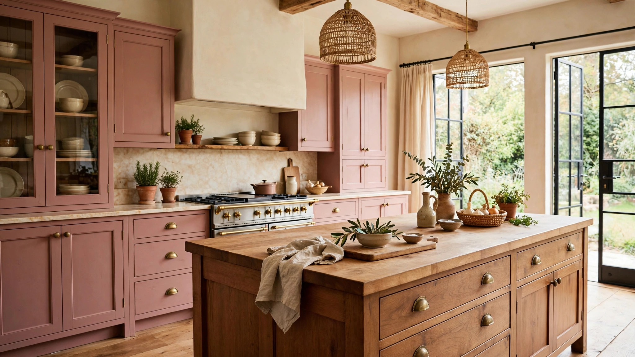 Dusty rose kitchen cabinets with a warm wood island and aged brass hardware in a Chula Vista home