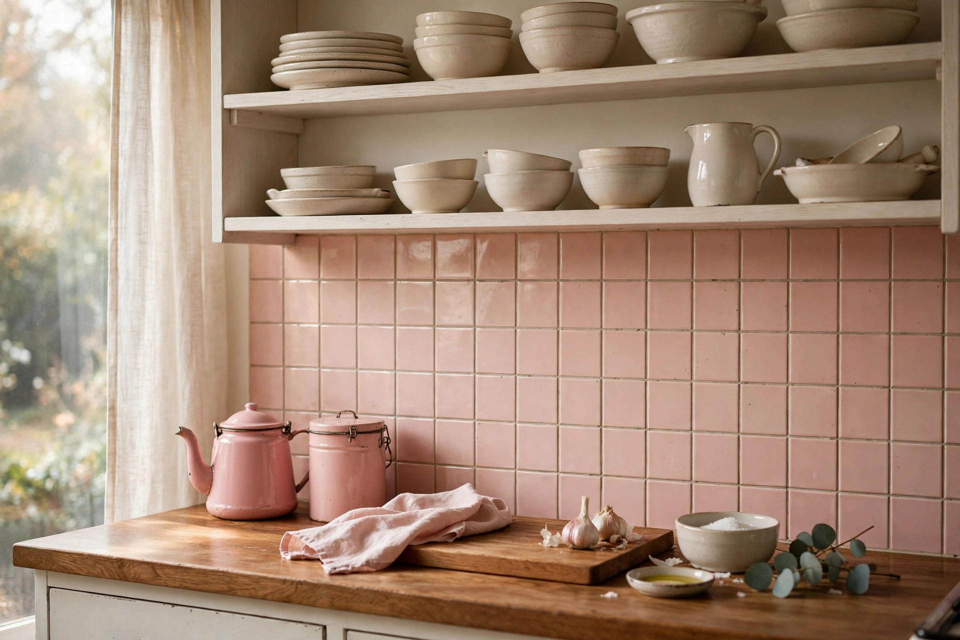 Retro blush pink tile backsplash with white oak shelving and warm wood countertop in a kitchen remodel