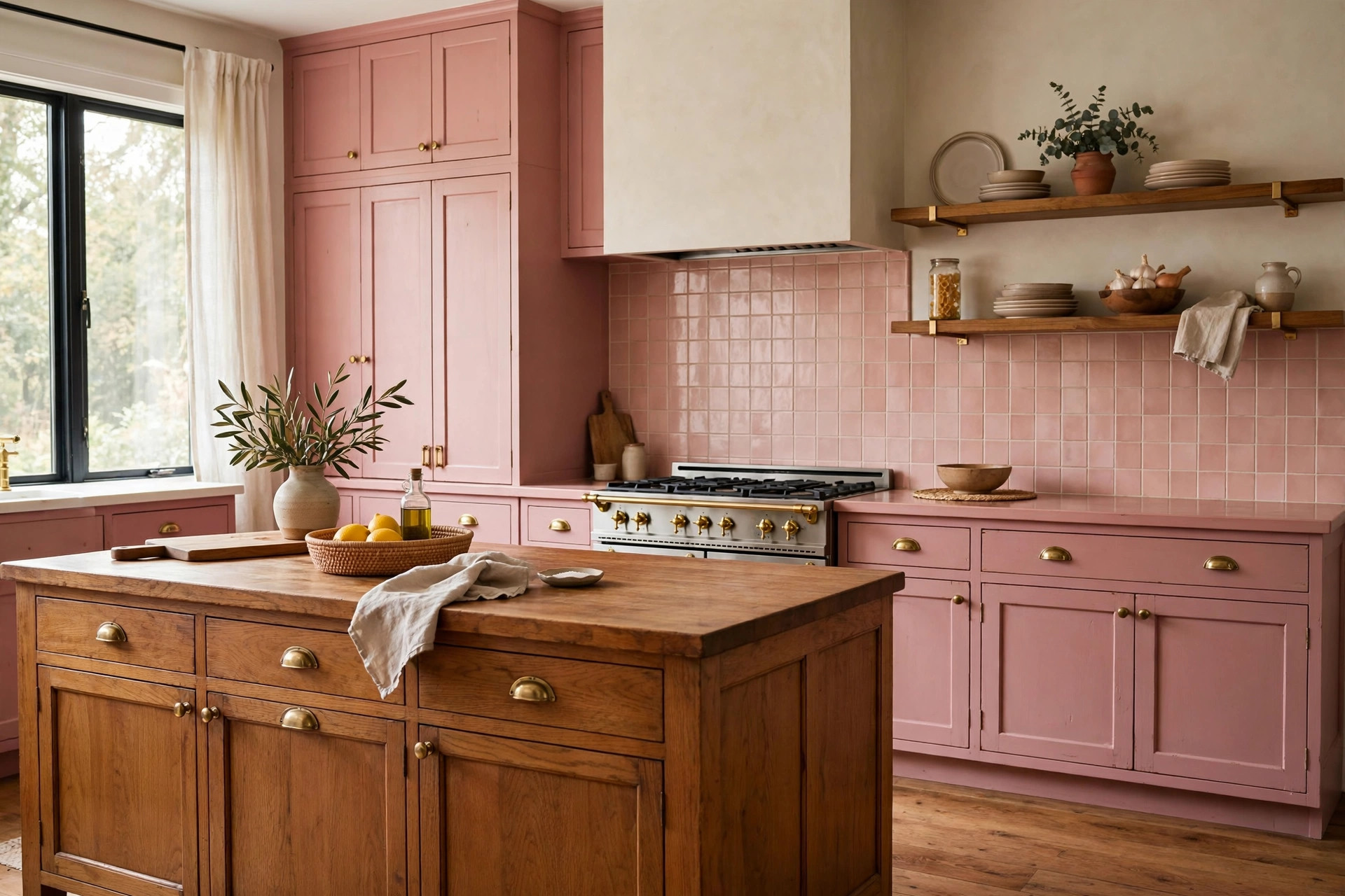 Vintage pink kitchen with dusty rose cabinets, warm wood island, and retro blush tile in a Chula Vista remodel