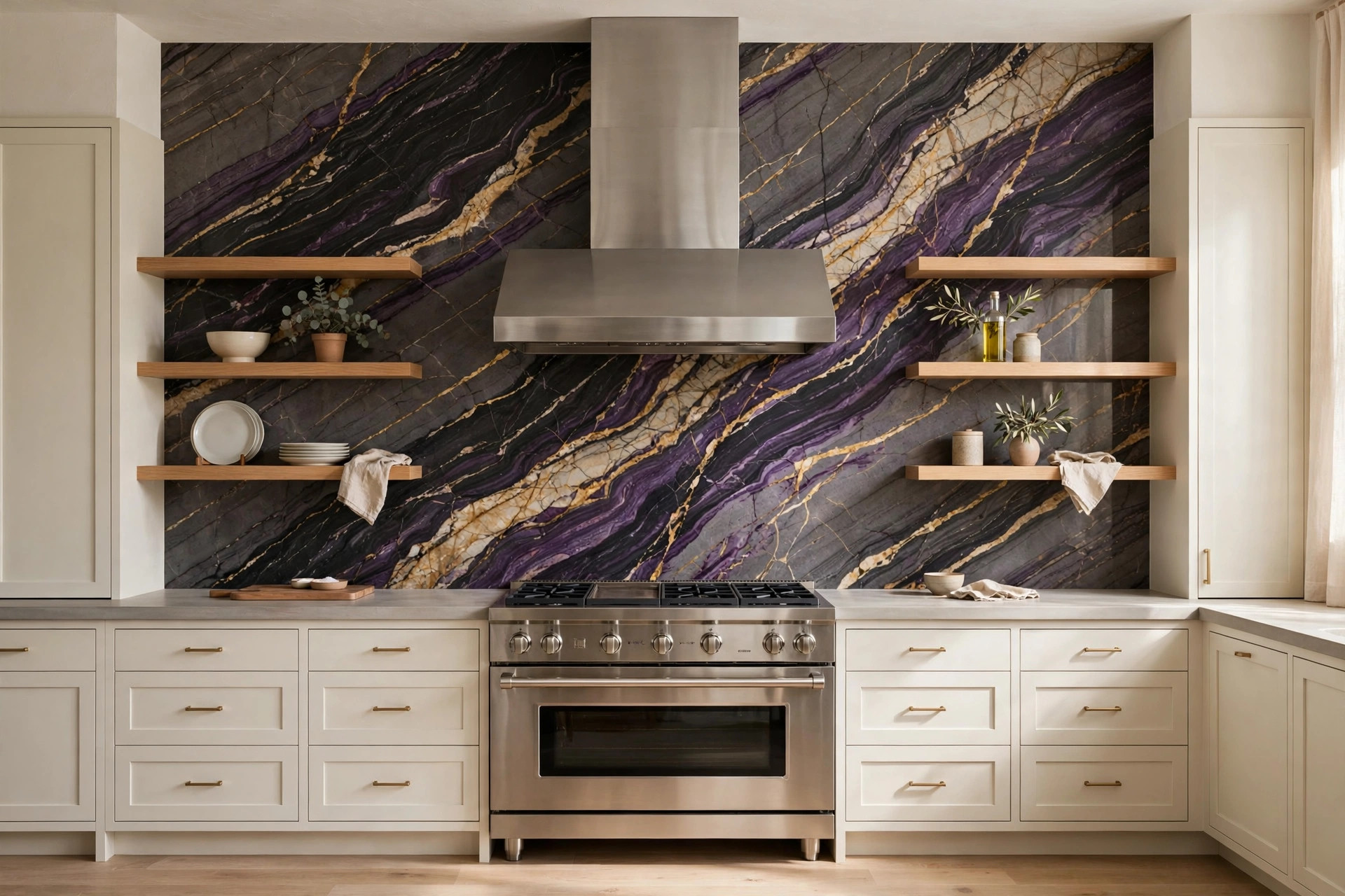 Full-height viola marble backsplash behind a range with restrained surrounding finishes