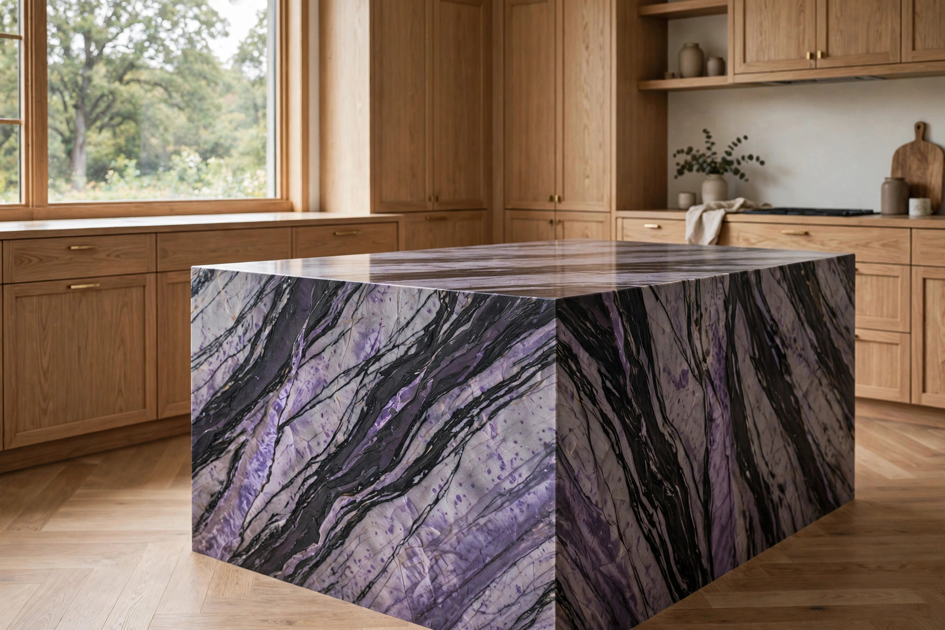 Close view of a viola marble waterfall island with dramatic dark veining and quiet oak cabinets