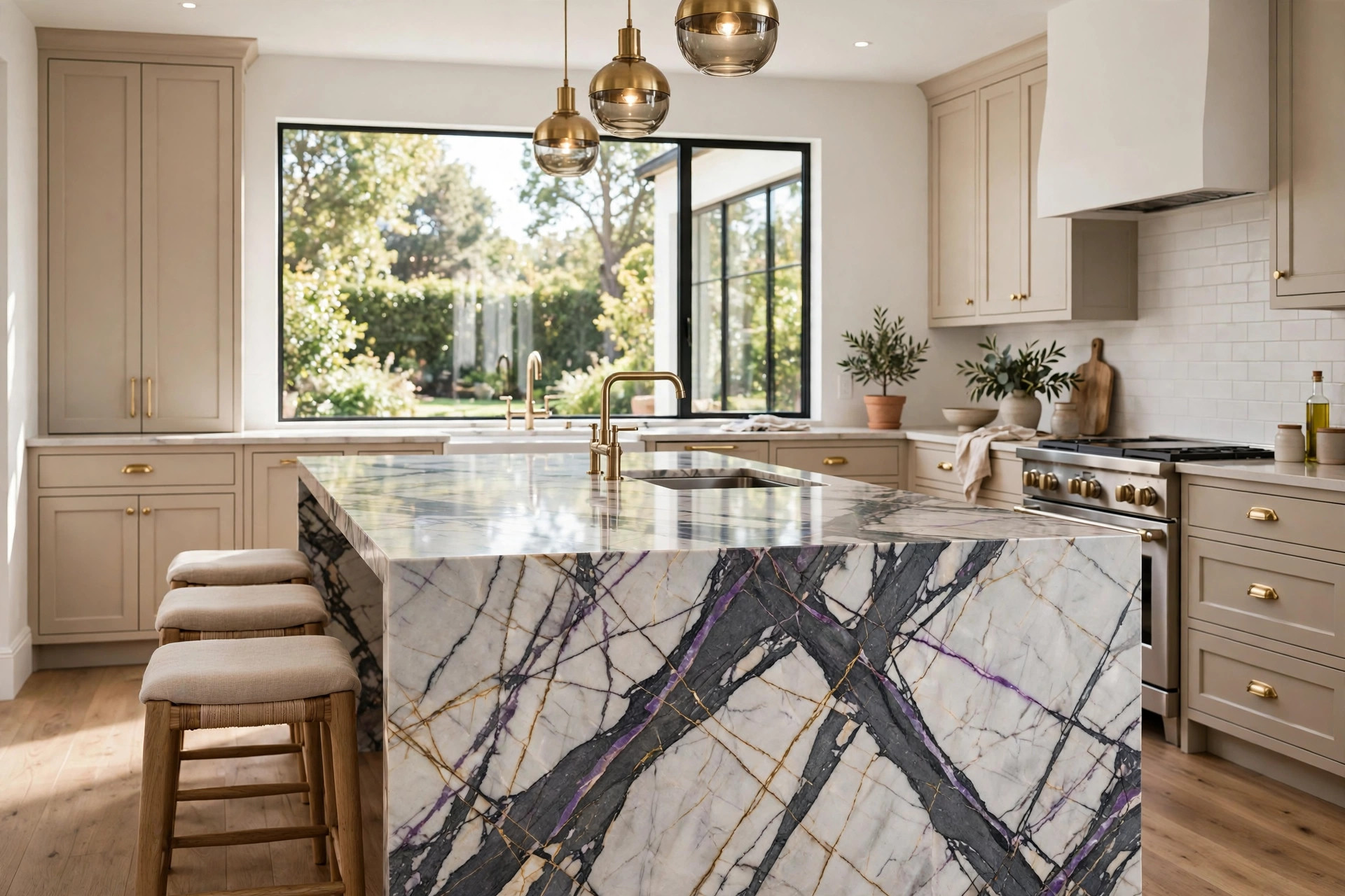 Viola marble kitchen island with bold dark veining balanced by neutral greige cabinets in a Chula Vista home